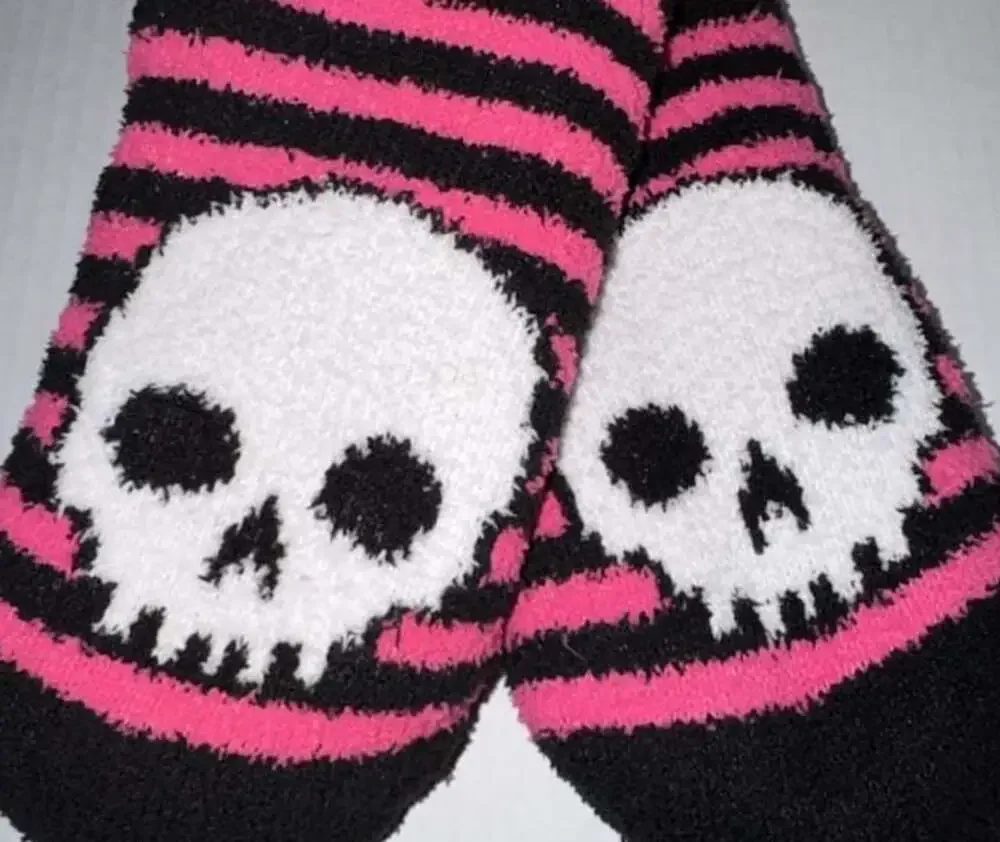 Betsey Johnson Pink and Black Striped Skull Cozy Slipper Socks